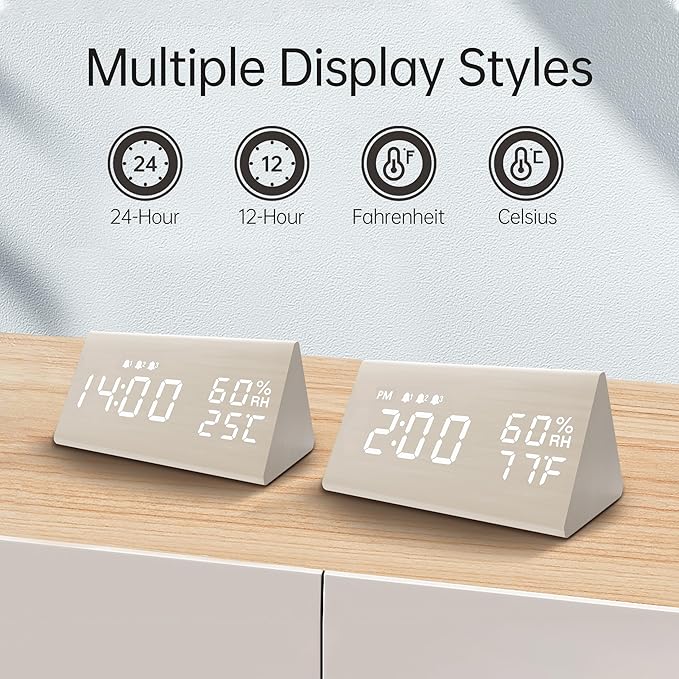 Digital Alarm Clock, with Wooden Electronic LED Time Display, 3 Alarm Settings, Humidity & Temperature Detect, Wood Made Electric Clocks for Bedroom, Bedside (White)