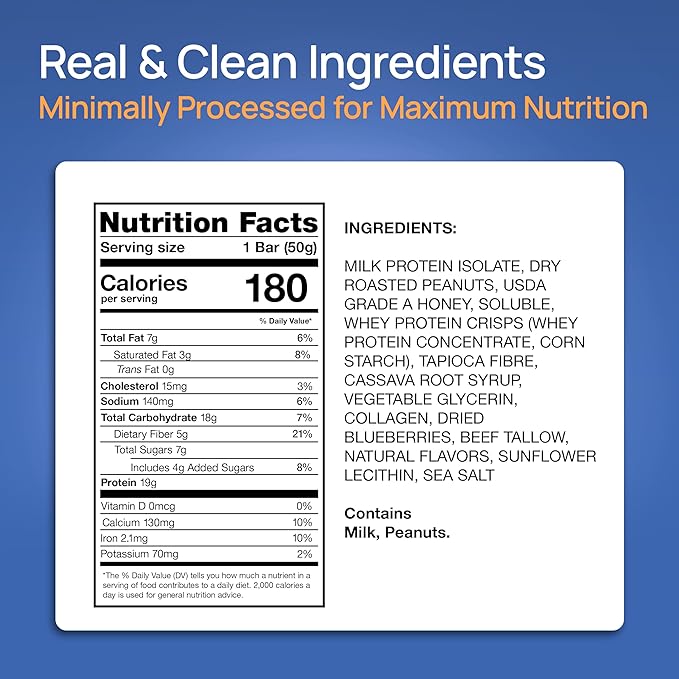 ProGo Protein Bars, Low Sugar, High Protein Snacks (19g) - 95% Pure Isolate for Faster Muscle Growth & Recovery, Low Calorie, Sweetened w/Peanut Butter & Raw Honey (20-Count, Blueberry Crunch)