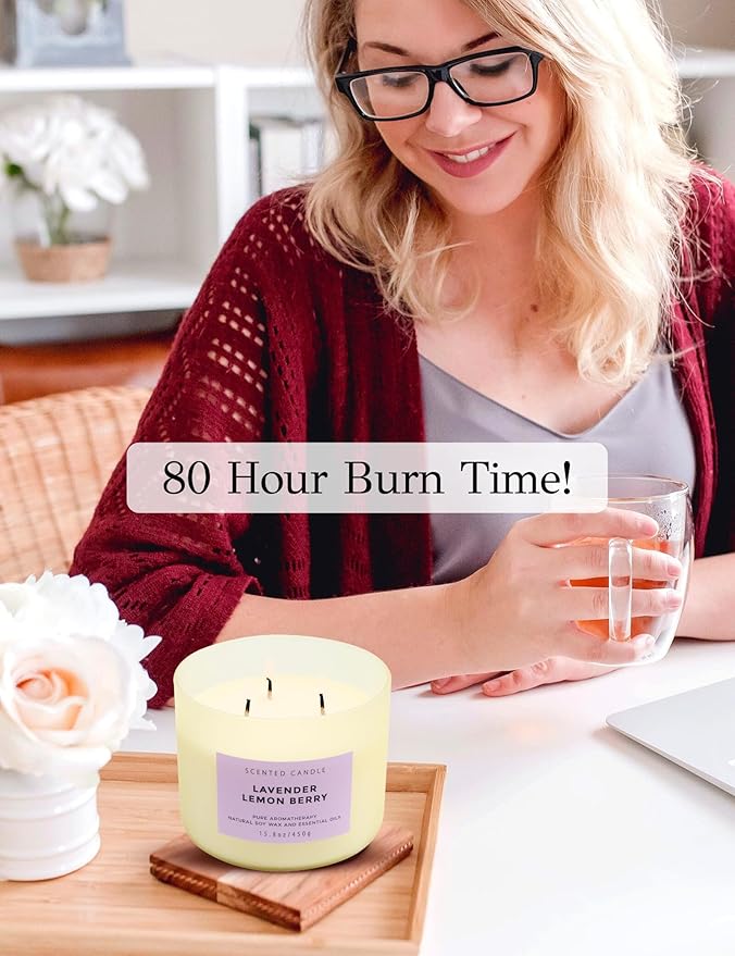 Lavender Lemon Berry Scented Candle | Large Aromatherapy Stress Relief 3 Wick Candles | Highly Scented Soy Candle for Home 15.8 oz | Soothing & Long Lasting Calming Lavender Candles for Women & Men