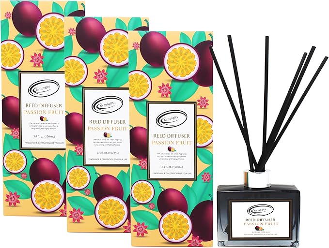 Air Jungles Passion Fruit Scent Reed Diffuser Set with Sticks 3.4 fl oz (Pack of 3), Long-Lasting Essential Oil Air Freshener for Bathroom, Office, Gym, and Bedroom Fragrance Freshener