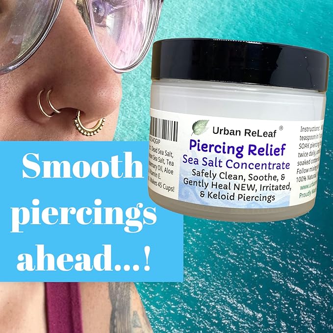 Urban ReLeaf PIERCING RELIEF Sea Salt Concentrate AFTERCARE ! Safely Clean, Soothe & Gently Calm New Irritated & Keloid Bump Piercings. Effective NON-iodized Dead Sea Salt, Tea Tree Rosemary