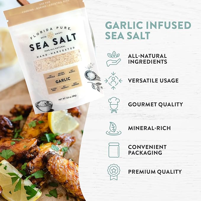 FLORIDA PURE Garlic Sea Salt - 80+ Mineral Sea Salt, Natural, Unrefined, Non Iodized - for Baking, Cooking, Seasoning & Enhancing Taste - Rich Taste Flaky Sea Salt (3 oz. Pouch)