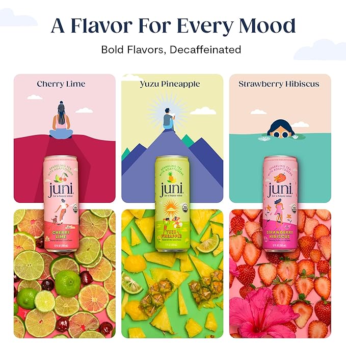 Juni Sparkling Adaptogen Drink with Ashwagandha, Lion’s Mane & Reishi Mushrooms | Green Tea for Focus, Zero Sugar, 5 Calories | Decaffeinated, Non Alcoholic Drinks - Cherry Lime 12 pack