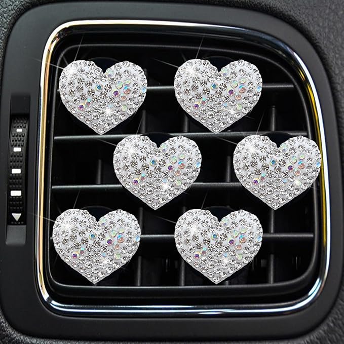 6 Pcs Heart-Shaped Crystal Diamond Air Vent Clip, Heart-Shaped Bling Charms Crystal Car Freshening Diffuser, Car Bling Interior Decorative Accessories for Women (White)