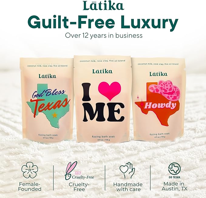 Latika Bath Soaks Set of 3 - Texas, Howdy, I Heart Me - Moisturizing Fizzing Bath Soak for Stress Relief & Muscle Recovery with Essential Oils, Epsom Salt & Natural Scents - Self-Care Spa Gift