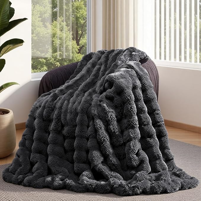Lotus Karen Faux Fur Throw Blanket Dark Gray - Big Bubble Rabbit Fluff Blanket for Couch, Small Fluffy Fuzzy Cozy Blanket, Thick Furry Plush Shaggy Blankets, 50x60 Inches