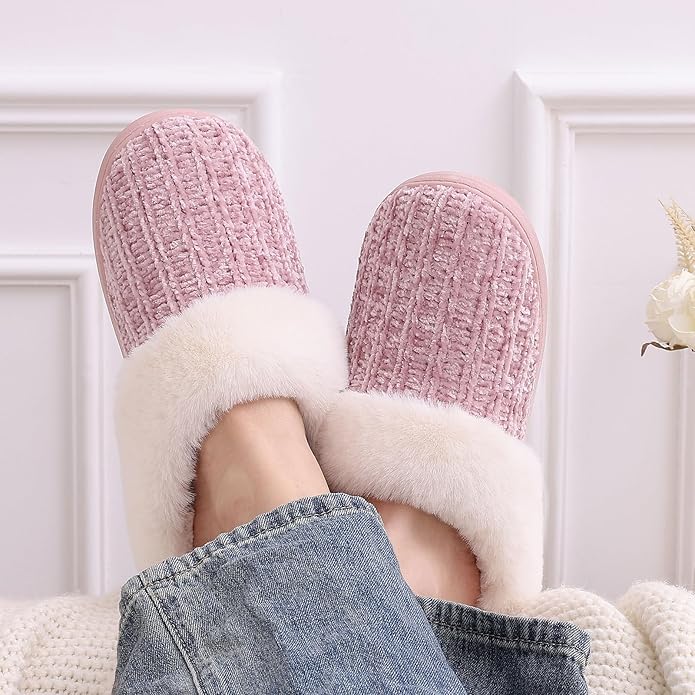 Evshine Warm Knit House Slippers for Women Comfy Wool-Like Lined Chenille Slippers with Memory Foam and Indoor Outdoor Soles
