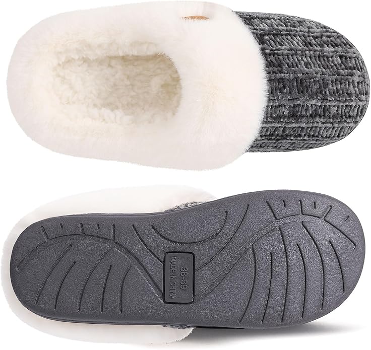 Evshine Warm Knit House Slippers for Women Comfy Wool-Like Lined Chenille Slippers with Memory Foam and Indoor Outdoor Soles
