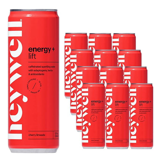 Heywell Sparkling Adaptogenic Water Energy and LIft, Cherry Limeade Flavor 12 Fluid Ounce (Pack of 12) - Caffeinated, Organic, Non GMO, Vegan, Gluten Free, Dairy Free