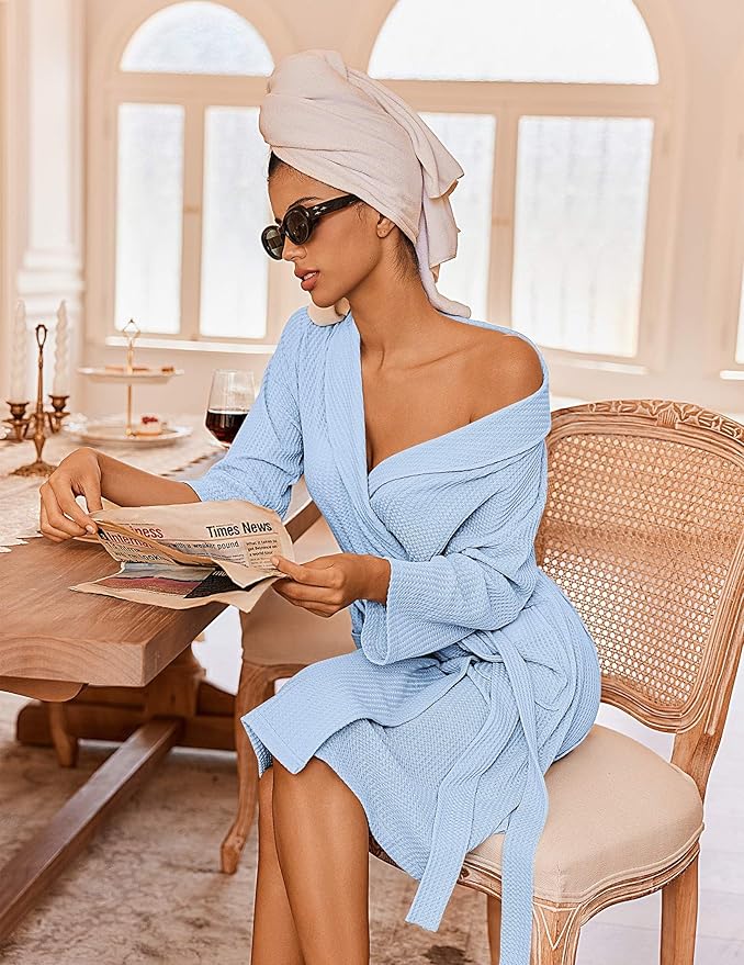 Ekouaer Robes for Women Waffle Knit Bathrobe Lightweight Kimono Robe Knee Length Loungewear with Pockets