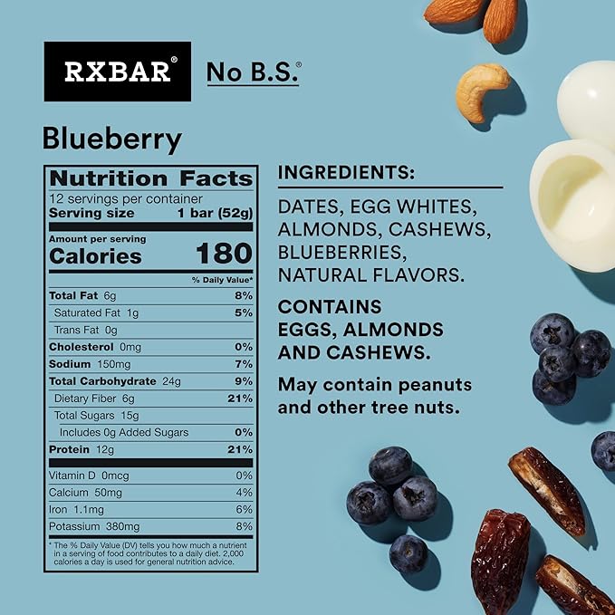 RXBAR Protein Bars, Protein Snack, Snack Bars, Blueberry, 22oz Box (12 Count)