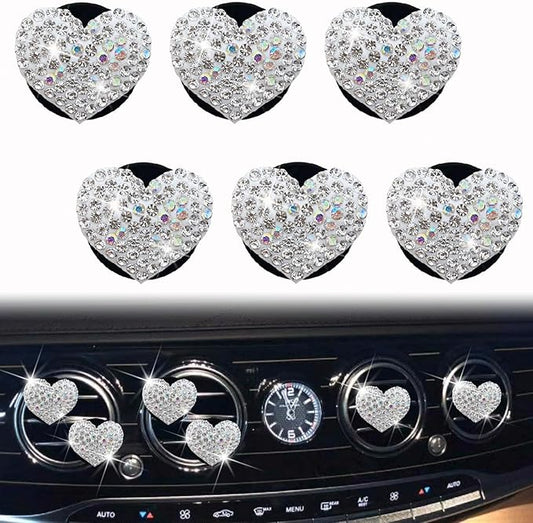6 Pcs Heart-Shaped Crystal Diamond Air Vent Clip, Heart-Shaped Bling Charms Crystal Car Freshening Diffuser, Car Bling Interior Decorative Accessories for Women (White)