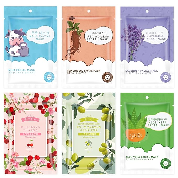6 Sheets Face Masks Skincare for All Skin Types, Spa Party Facial Mask Skincare, Moisturize Sheet Masks Skin Care,Hydrating Face Masks Suitable for Sensitive Skin, Facial Mask for Women Skin Care