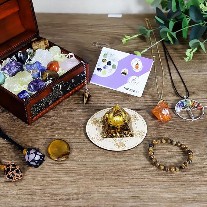 28 Pcs Healing Crystals and Stones,Chakra Crystal Set,7 Raw Chakra Crystals Stones Kit Pyramid Natural Selenite Reiki Real Crystal Stones with Wooden Box,Gifts for Crystal Beginners
