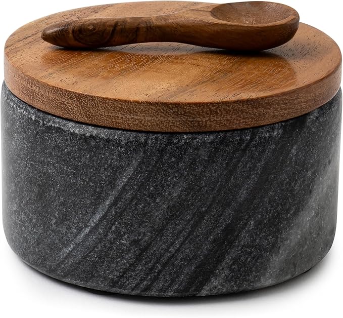 Cork & Mill Grey Marble Salt Cellar with Acacia Wood Lid and Spoon - Elegant Modern Salt Container for Countertop - Handcrafted Pepper Pot - Wide 4” Pepper Holder with Non-Skid Feet