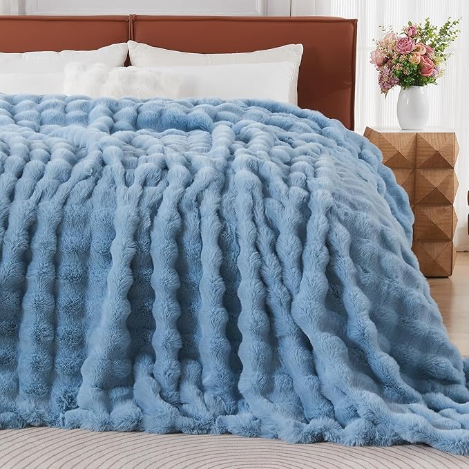 Lotus Karen Faux Fur Throw Blanket Sky Blue - Big Bubble Rabbit Fluff Blanket for Couch Bed Sofa,Softest Fluffy Fuzzy Cozy Blanket,Thick Furry Plush Shaggy Warm Blankets for Women,108x90 Inches