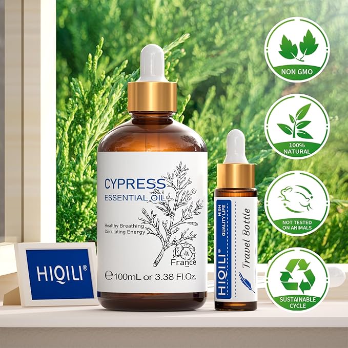 HIQILI 100ML Cypress Essential Oil, 100% Natural for Diffuser, Skin Care, Includes 10ML Travel Bottle - 3.38 Fl Oz