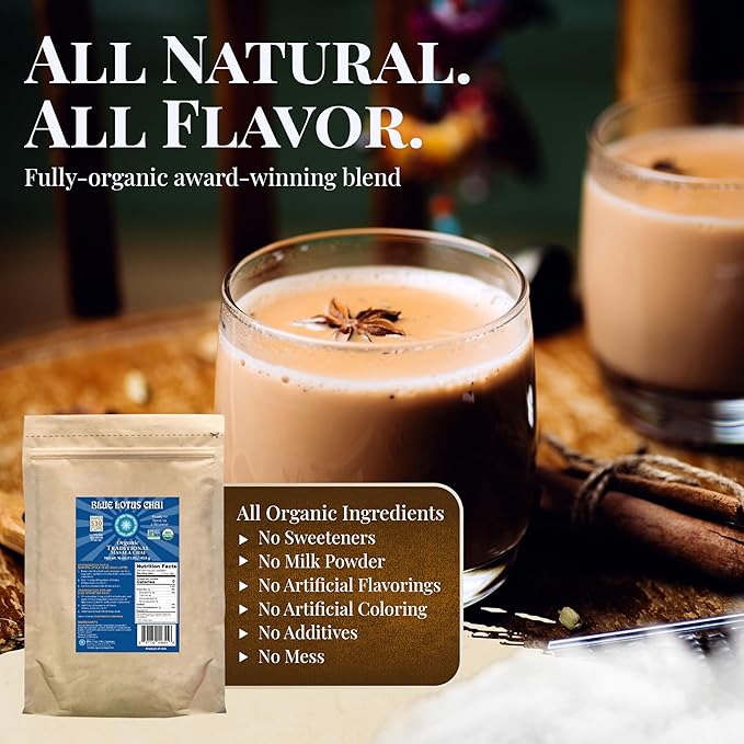 Blue Lotus Chai - Fully Organic Traditional Masala Chai - Makes 530 Cups - 1 Pound Bulk Bag Masala Spiced Chai Powder with Organic Spices - Instant Indian Tea No Steeping - No Gluten