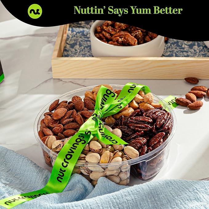 NUT CRAVINGS - Diwali Sweets Hamper Mixed Nuts Gift Basket + Green Ribbon (4 Assortments) Food Arrangement, Healthy Snack Care Package, Food Assortments
