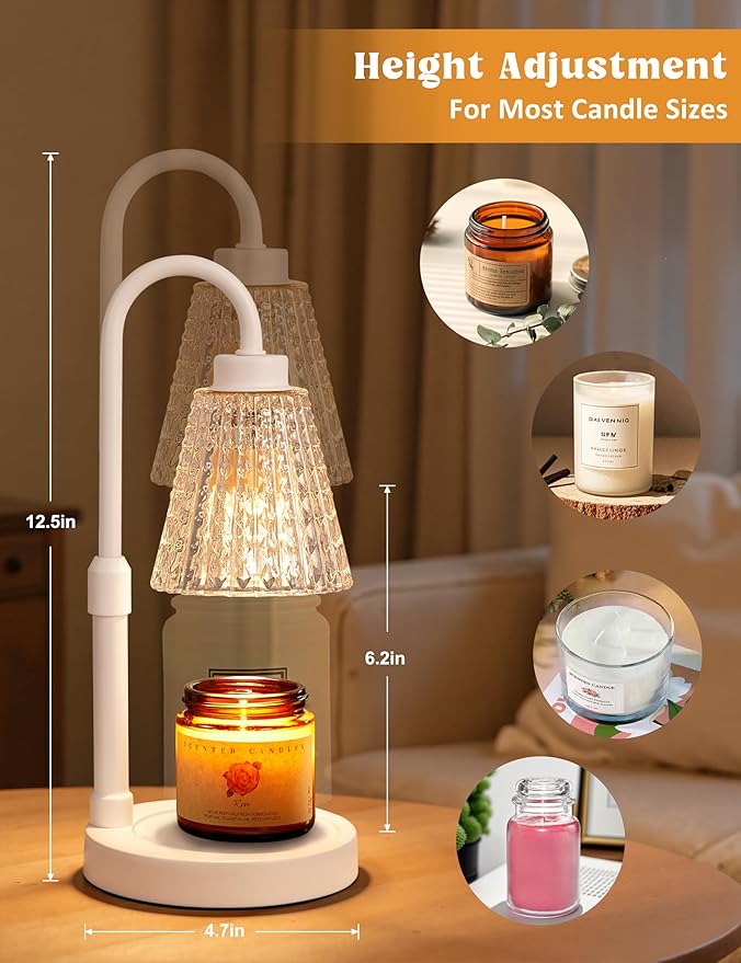 Innqoo White Crystal Candle Warmer Lamp with Timer, Dimmable Candle Warmer for Jar Candles, Height Adjustable Wax Melts Warmer, Birthday Gifts for Women Mom, House Warming Gifts New Home Decor