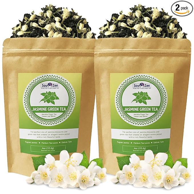 Sou Zen Jasmine Green Tea Loose Leaf Blend 4oz (113g) | Premium Quality Tea Leaves and Flowers | Raw with Naturally Organic Antioxidants | Relaxing and Revitalizing Tea with No Additives (Pack of 2)