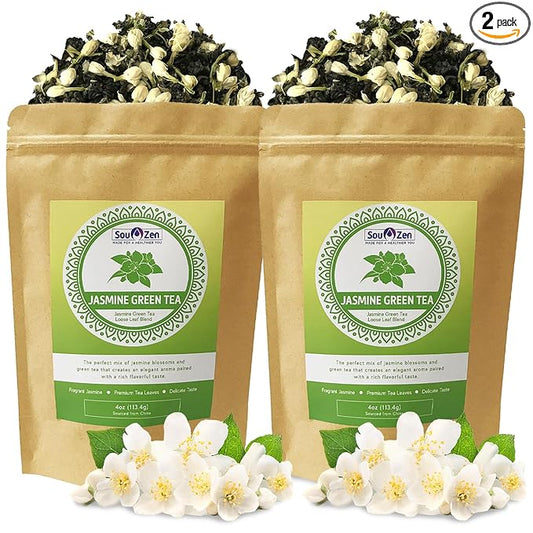 Sou Zen Jasmine Green Tea Loose Leaf Blend 4oz (113g) | Premium Quality Tea Leaves and Flowers | Raw with Naturally Organic Antioxidants | Relaxing and Revitalizing Tea with No Additives (Pack of 2)