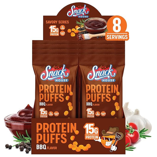Carolina BBQ High Protein Puffs - Low Carb Snacks, 15g of Protein, Healthy Gluten & Grain Free Snack Food - Low Calorie Guilt Free Keto Diet Friendly | 1g Sugar - Carolina BBQ Flavor - 8 Pack