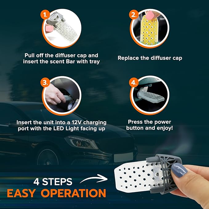 Drive Time Power Fresh Refillable Car Air Freshener – 12V Plug-In Reusable Car Scents Air Enhancer with Long-Lasting Scent Up to 30 Days – Includes 4 Scent Bars – Compact Design - Silver