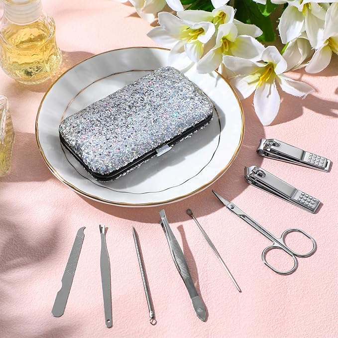 Geosar 12 Set 8 in 1 Manicure Set Stainless Steel Nail Clippers Kit Pedicure Care Tools with Leather Case Travel Grooming Kit Gift for Women Men(Glitter Silver)