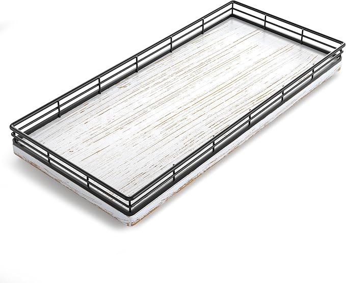 Bathroom Toilet Tank Tray, 13" Wood Toilet Paper Storage Basket Tray Back of Toilet Basket Organizer,Vanity Tray for Perfume Makeup Candle Decor, Black & Farmhouse White