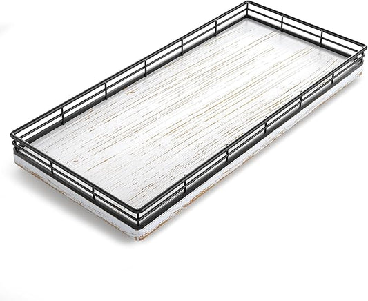 Bathroom Toilet Tank Tray, 13" Wood Toilet Paper Storage Basket Tray Back of Toilet Basket Organizer,Vanity Tray for Perfume Makeup Candle Decor, Black & Farmhouse White