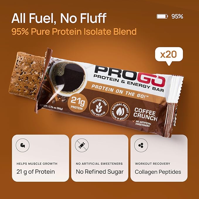 ProGo Protein Bars, Low Sugar, High Protein Snacks (21g) - 95% Pure Isolate for Faster Muscle Growth & Recovery, Low Calorie, Sweetened w/Peanut Butter & Raw Honey (20-Count, Coffee Crunch)