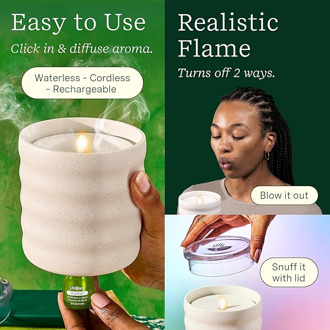 Lifelines Flameless Candle Aromatherapy Essential Oil Diffuser with 2 ClickWick Essential Oil Blends - Cordless & Waterless Diffuser for Home - Scented Electric Candles Blow Out Flame - Cream Bubble