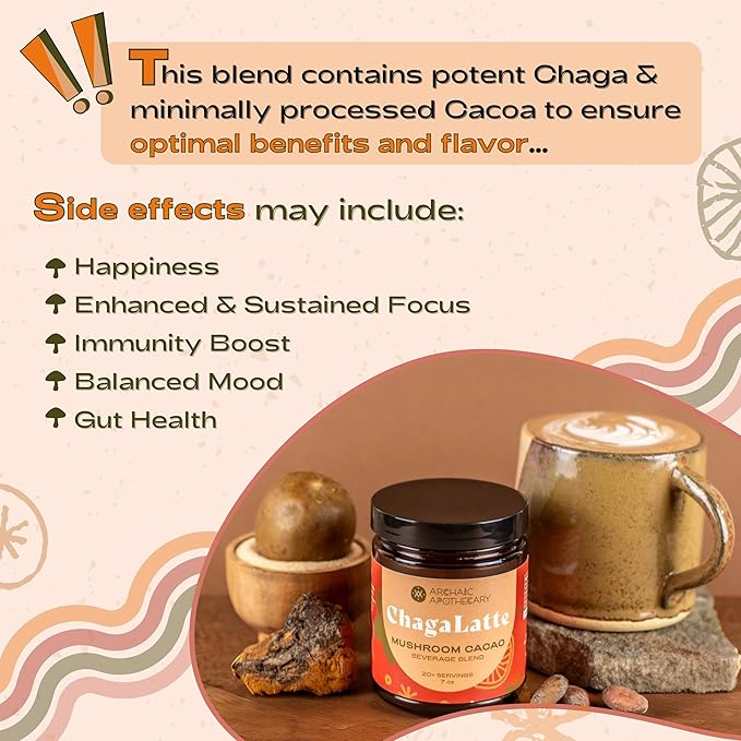 ChagaLatte - Cacao & Mushroom Beverage Blend | Iced Superfood Chaga Supplement & Hot Cocoa | Energy Boost w/Adaptogens | Sugar Free Monkfruit Mushroom Coffee Alternative & Drink Mix