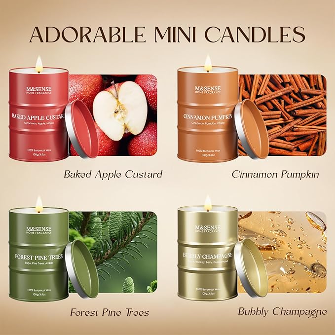 Fall Candles Set | Mini Scented Candles Gift Set | 4 Pack Candles for Home Scented Candle,Apple Pumpkin Cinnamon Pine Champagne Candle,Gift Set for Women and Men,Soy Wax 14 oz 86 Hour