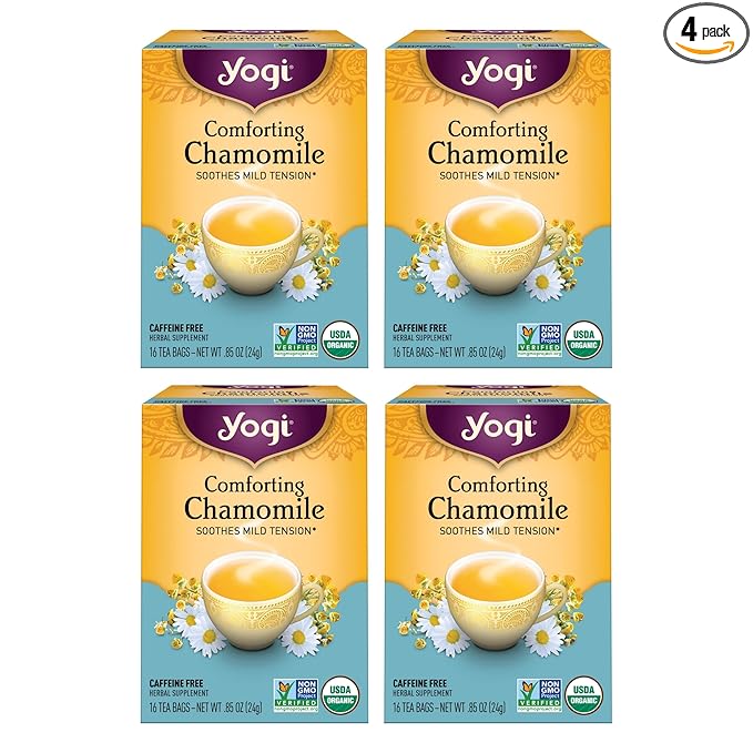 Yogi Tea Comforting Chamomile Tea - 16 Tea Bags per Pack (4 Packs) - Organic Chamomile Tea Bags - Supports a Good Night's Sleep & Occasional Stomach Discomfort - Made from Organic Chamomile Flower