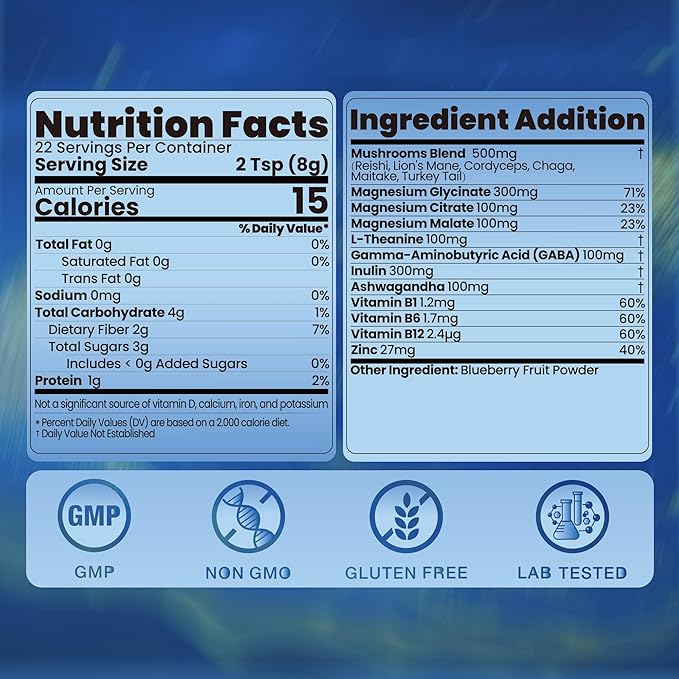 Calm Magnesium Powder, Ashwagandha, L-Theanine, GABA & 6 Mushrooms | Magnesium Glycinate Supplement for Relaxation & Calm Support | Non-GMO, Gluten-Free, Blueberry Flavor, 6.35oz