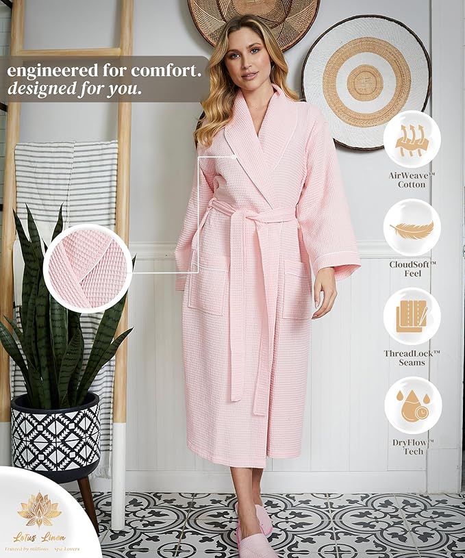 Lotus Linen Waffle Robes for Women - Lightweight Cotton Kimono Bathrobe - Long Soft Spa Bath Robe