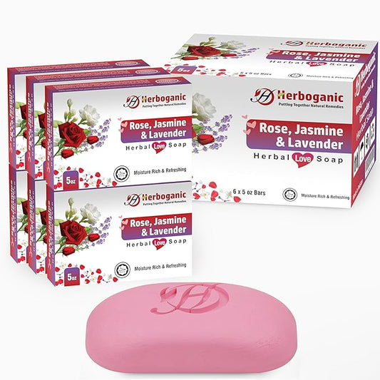 HERBOGANIC Rose Jasmine and Lavender Herbal Soap | Pack of 6 of 5oz soap Bar | Ideal for Men and Women, Soothing and Nourishing Soap for Moisturization