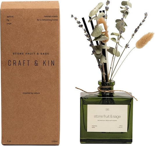 Craft & Kin Reed Diffuser with Dried Flowers | 5 oz Stone Fruit & Sage Scented Fall Reed Diffusers for Home, Bathroom | Scent Sticks | Elegant Fragrance Home Decor for Men & Women