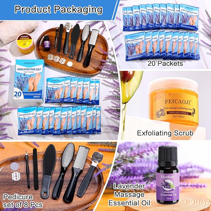 Foot Soak salt kit with Tea Tree Oil - Moisturize, Reduce Foot Odor, & Soothe Aching Feet tool set Foot cream spa bath massager Epsom Salt foot pedicure kit at home spa