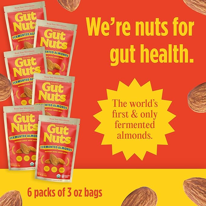 Gut Nuts - Fermented and Sprouted "Sourdough" Almonds for Gut Health - Tangy, Umami, & Salty Flavors - Super Crunchy Low Carb Keto Snacks - Low Sugar Prebiotic & Postbiotic Almond Snacks - 3oz Pouch (6 Pack) - by Philosopher Foods