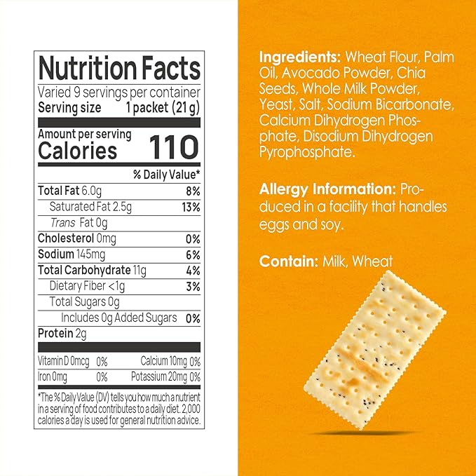 V-LOONG Avocado Chia Soda Crackers, Vlife Baked Saltine Crackers, No Added Sugar Healthy Snacks (1 PACK, 6.8 Ounce) Office Snacks, Low Sugar, Low Calories