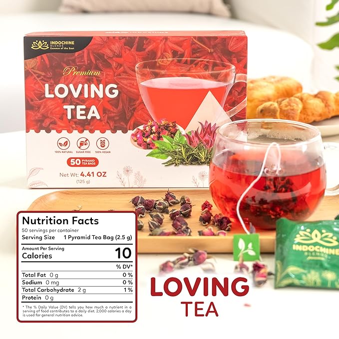 Indochine Blends Loving Tea | Organic Rosemary Tea Bags | Black Tea, Rose, Hibiscus & Organic Rosemary | Sugar-Free, Caffeine-Free Herbal Tea for Relaxation | 4.4 oz | 50 Corn-Fiber Pyramid Bags