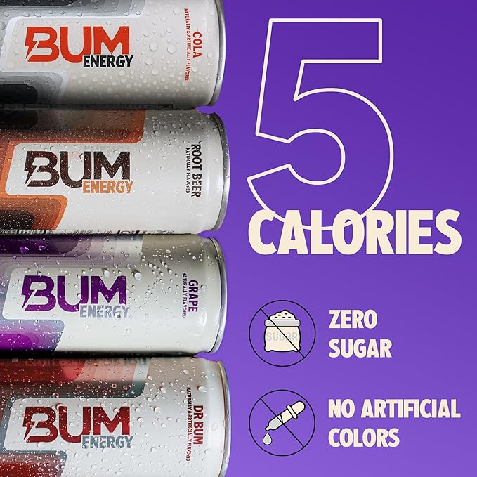 BUM Zero Sugar Energy Drink Variety Pack – Root Beer, Beer, Dr. Bum, Cola & Grape – Lightly Carbonated Sports Beverage with Natural Caffeine & Citicoline for Focus & Energy – 12 fl oz (12-Pack)