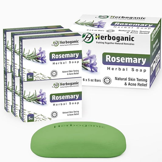 HERBOGANIC Rosemary Herbal Soap | Pack of 6 of 5oz soap Bar | Ideal for Men and Women, Soothing and Nourishing Soap for Moisturization