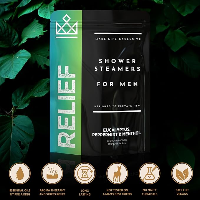 Shower Steamers for Men - Relief - Eucalyptus Peppermint Menthol - Organic Shower Bombs - 12 Pack Natural Relaxing Tablets - Strong Scented Long Lasting Aromatic Steamers - Better Breathe Clear Sinus