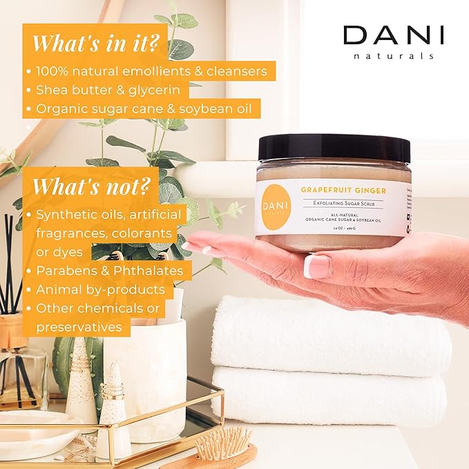 DANI Naturals Sugar Scrub - Gently exfoliates with organic cane sugar, leaving skin soft and radiant. Infused with grapefruit and ginger, it deeply moisturizes. 14 oz