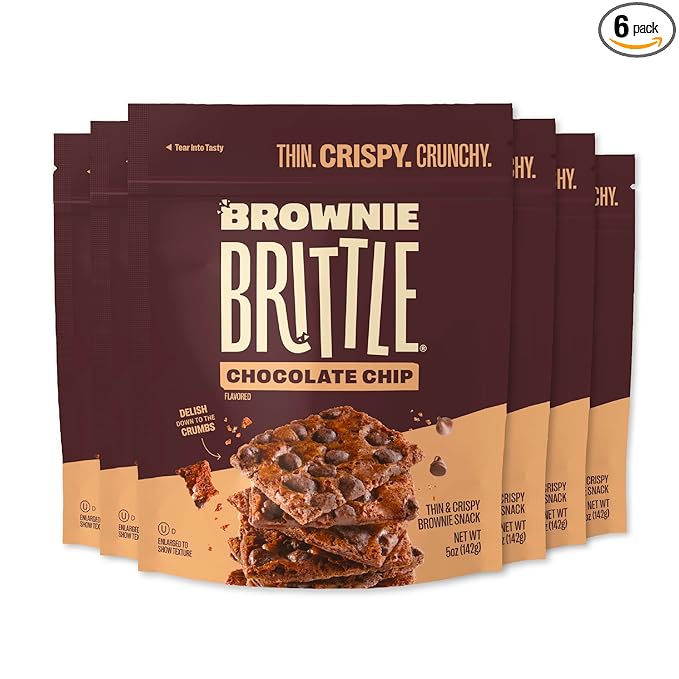 Brownie Brittle – Original Chocolate Chip Thin and Crispy Sweet Snacks, Family Size (Pack of 6, 5 oz), Rich Gourmet Brownie Bites Dessert
