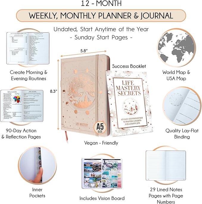 Life Mastery Planner - A 12 Month Journey to Crush Your Goals, Increase Productivity, Passion, Success & Happiness - Weekly & Monthly Life Planner, Habit-Tracker, Gratitude Journal & Organizer, A5